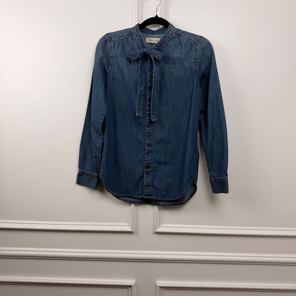 Madewell Blue Denim Button-Down Tie-Neck Shirt